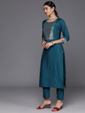 Varanga Teal Ethnic Motifs Yoke Design Gotta Patti Kurta with Trousers & Dupatta