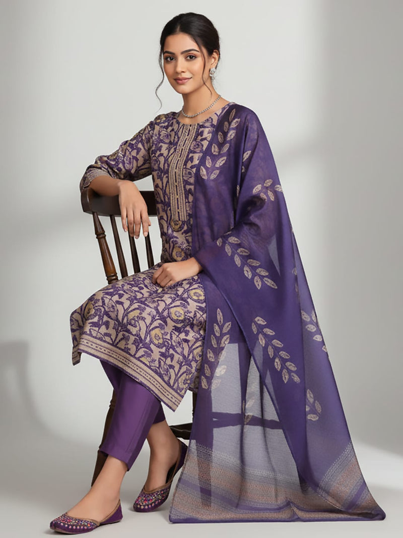 Varanga Women Purple Floral Printed Straight Kurta With Trousers And Printed Dupatta.