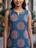 Women's Blue Geometric Printed Sleeveless Straight Kurta