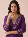 Women's Purple Embroidered Kurta Set With Embellished Net Dupatta