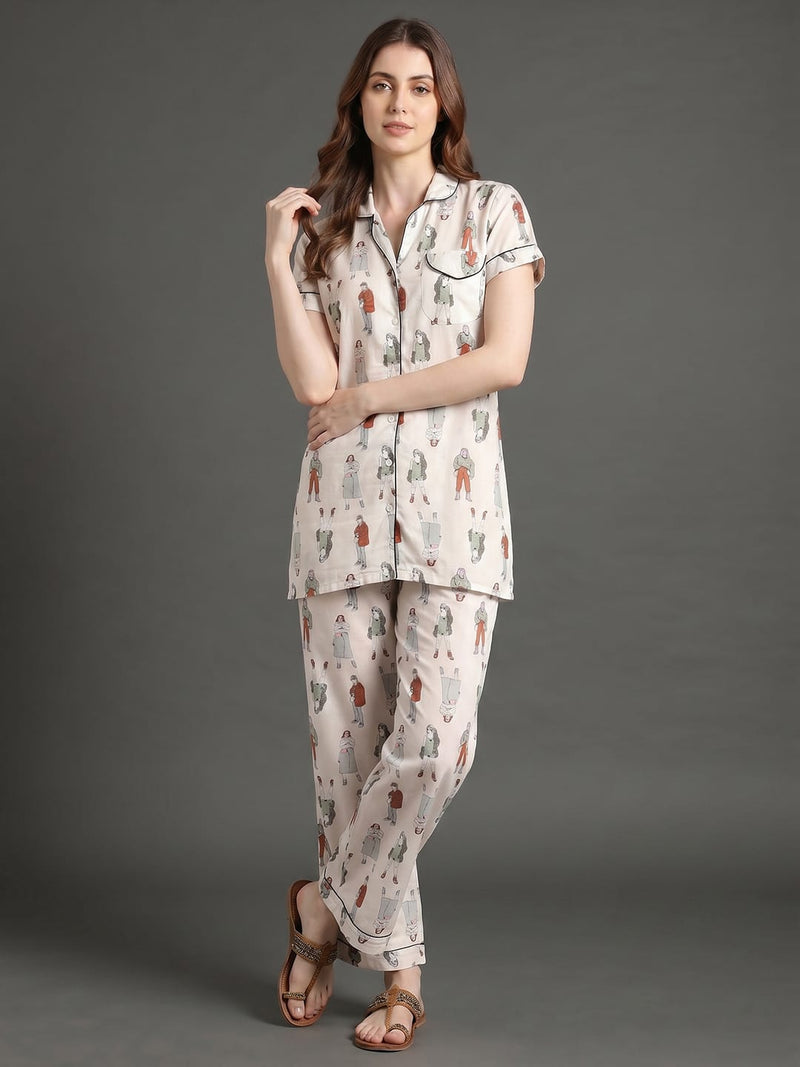 Varanga Off White Quirky Printed Launge Wear Set