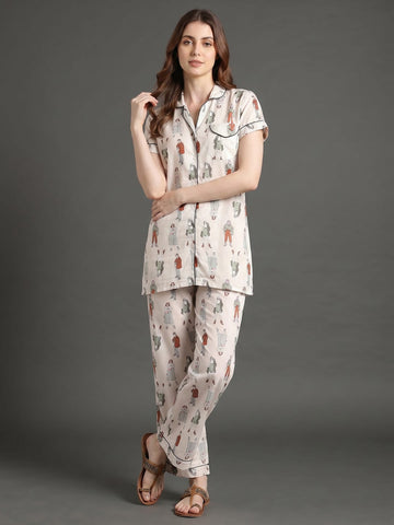 Varanga Off White Quirky Printed Launge Wear Set