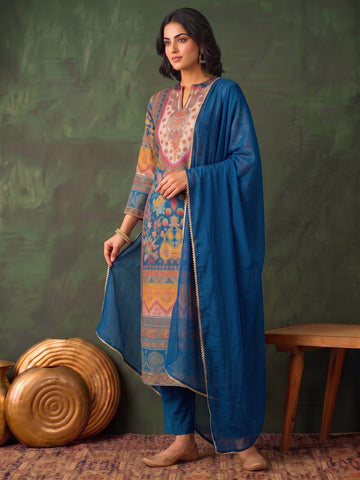Women'S Blue Floral Printed Straight Kurta Set With Tonal Dupatta