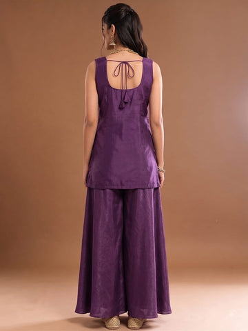 Purple Embroidered Kurta Set Featuring Zari And Sequin Work With A Matching Flared Palazzo And Embellished Dupatta