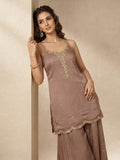Womens Solid Metallic Kurta Set With Gold Embroidery