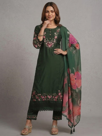 Varanga Women Floral Heavy Thread Embroidered Schffili Hem Kurta With Trouser & Dupatta