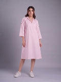 Women's Pink & White Striped Cotton-Blend Collared Shirt Dress