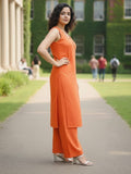 Sleeveless Orange Kurta with Floral Dupatta and  Pants