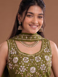 Round Neck Embroidered Kurta Set Featuring Zari And Sequin Work With Flared Palazzo And Embellished Dupatta