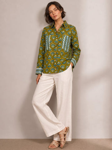 Varanga A Stylish Loose Fit Olive Green Printed Cotton Shirt
