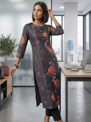 Floral Print Round-Neck Kurta With Regular Pant