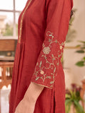 Rust Embroidered Kurta Set, Paired With Tonal Trousers And Dupatta.