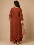 Rust Brown Zari-Work Anarkali Set With Organza Dupatta