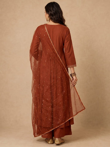 Rust Brown Zari-Work Anarkali Set With Organza Dupatta