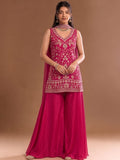 Rani Pink Embroidered Kurta Set Featuring Zari And Sequin Work With Flared Palazzo And Embellished Dupatta