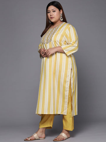 varanga women plus size yellow embroidered striped kurta with trousers dupatta