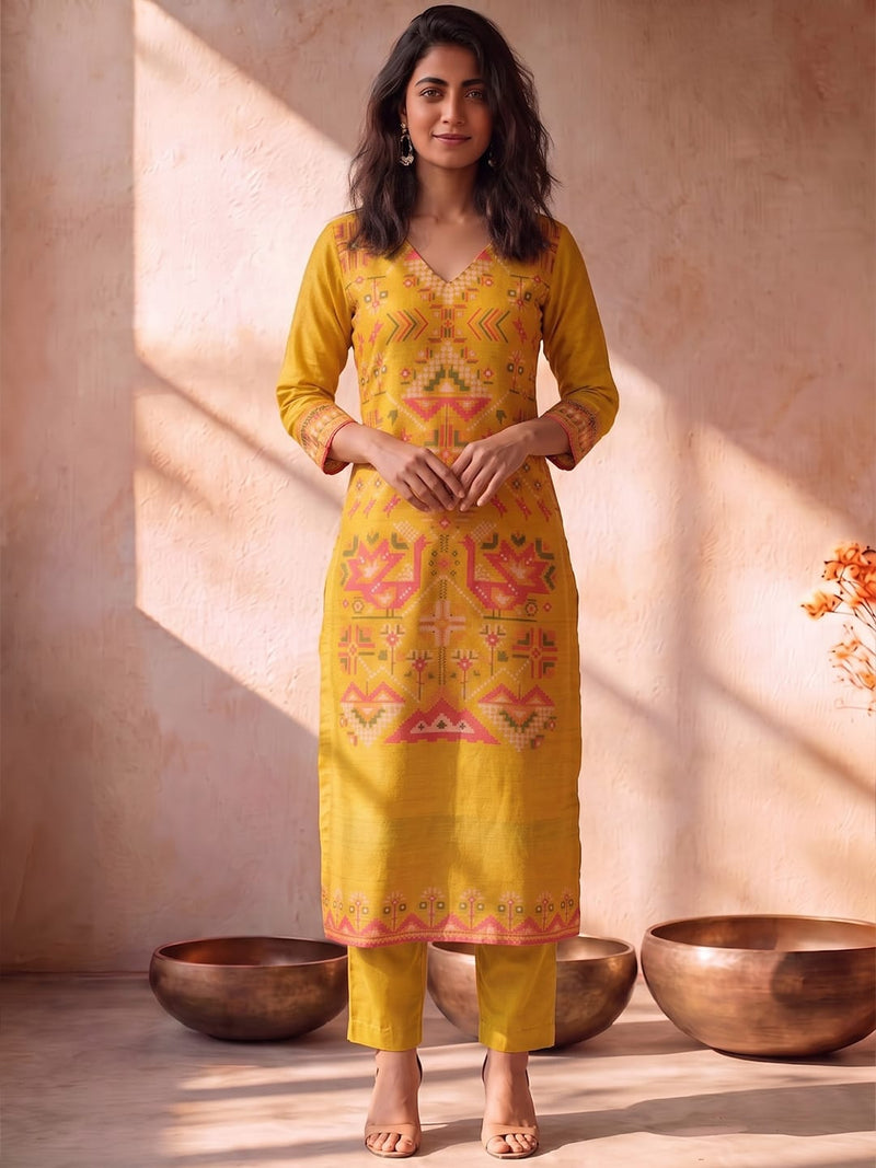 Mustard Kurta Set Featuring Artistic Prints And A Statement Dupatta