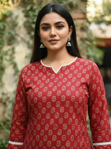 Varanga Ethnic Maroon Paisley Top with Notched V-Neckline