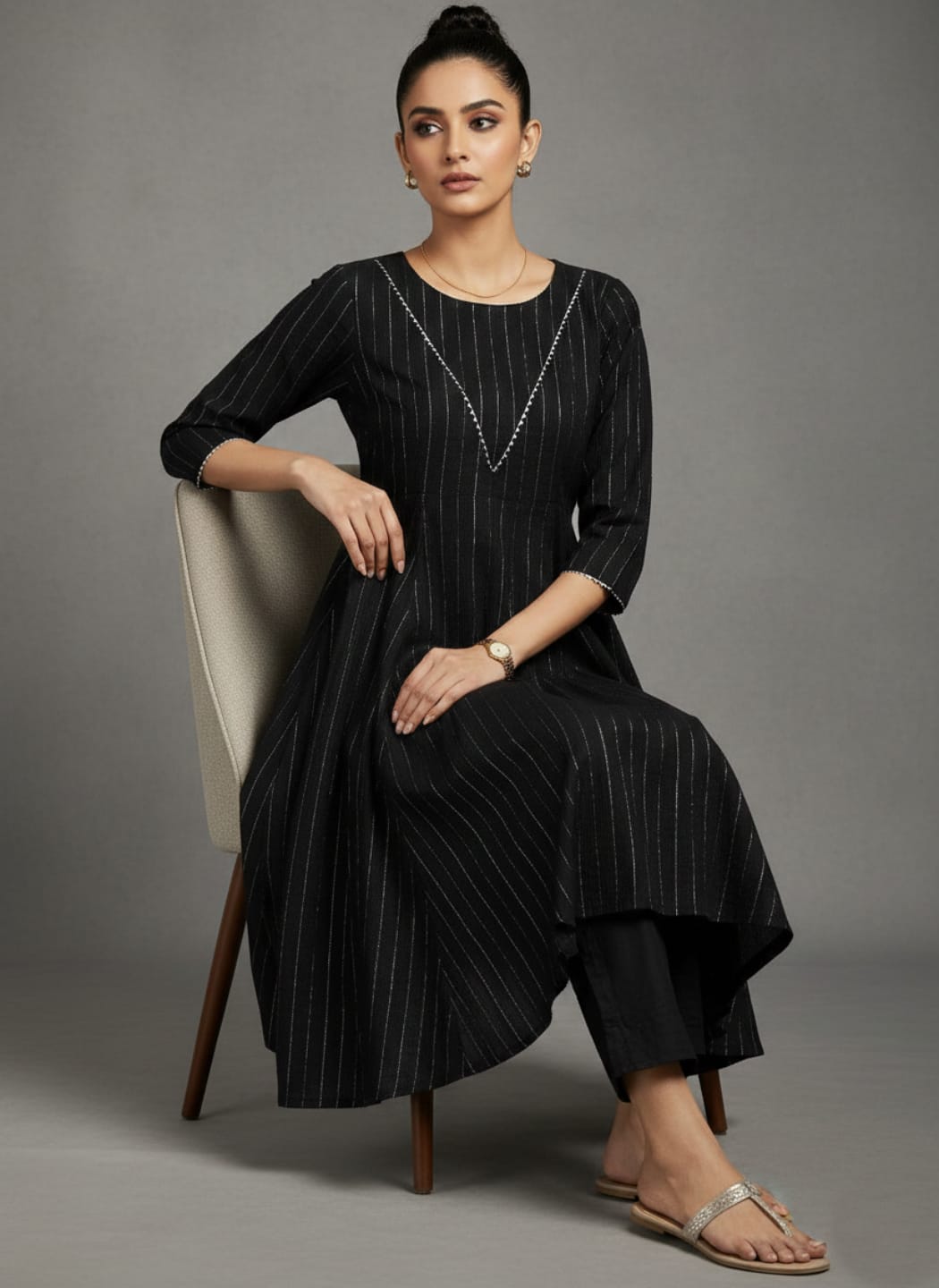 Varanga Women Black Lurex Crepe Anarkali Kurta With Trousers.