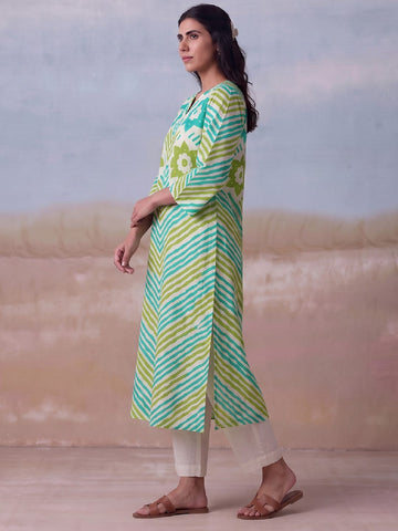 Cotton Striped Printed A-Line Kurta With Solid Trouser