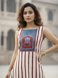 Sleeveless Striped Kurta Set with Printed Yoke and Matching Trousers