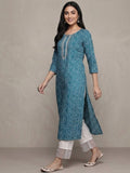 Varanga Women Turqoise Blue Bandhani Print Gotta Embellished Straight Kurta With Three Quarter Sleeves