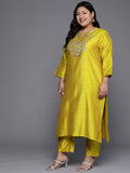 Varanga Women Plus Size Yellow Embroidered Kurta  With Tonal Bottam And Contrast Printed Dupatta