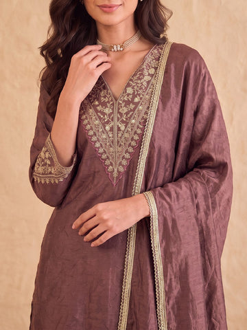 Brown Embroidered Kurta With Palazzo And Dupatta.