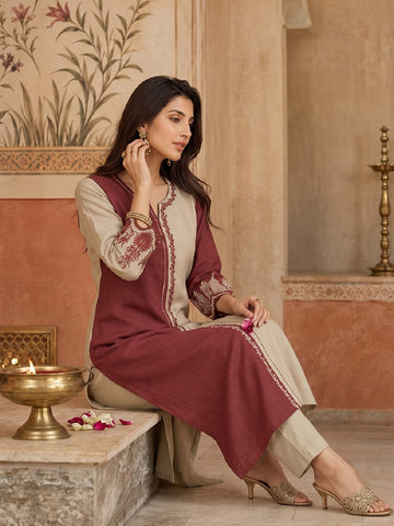 Maroon And Beige Colorblocked Kurta Set For Womens