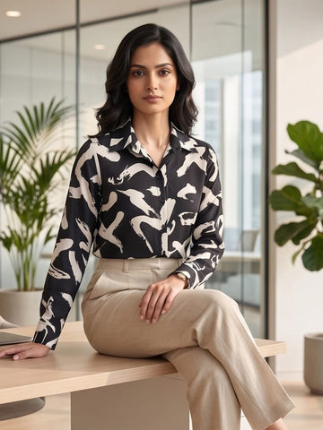 Black Coloured Slim Collar Long Sleeves Graphic Shirt