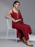 Varanga Women Maroon Round Neck, Spaghetti Strap Style Straight Kurta Paired With Tonal Bottom And Dupatta