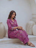 Women Geometric Embroidered Wine Kurta Set With Shirt Collar