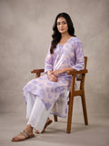 Varanga Women Lavender Floral Printed V- Neck Three Quarter Sleeve Straight Kurta.
