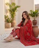 Varanga Women Red Printed  V-Neck Embroidered Kurta With Bottom And Dupatta
