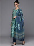Varanga Women Blue Floral Printed Kurta, Round Neck Straight Kurta Paired With Tonal Bottom And Printed Dupatta.