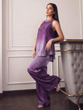 Ombere Purple Halter-Neck Co-Ord Set Featuring An Embellished Neckline And Flowy Wide-Leg Pants.