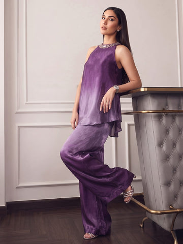 Ombere Purple Halter-Neck Co-Ord Set Featuring An Embellished Neckline And Flowy Wide-Leg Pants.