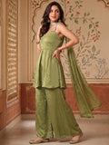 Olive Green Embellished Sharara Set With A Mirror Work Strappy Top & Dupatta.