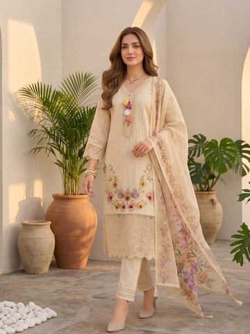Varanga Women-Floral Motif Thread Embroidered Kurta With Trouser & Dupatta