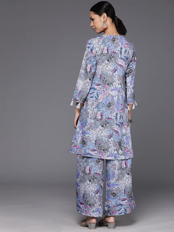 KSUT Women Grey Abstract Printed Angrakha Style Kurta With Bottom