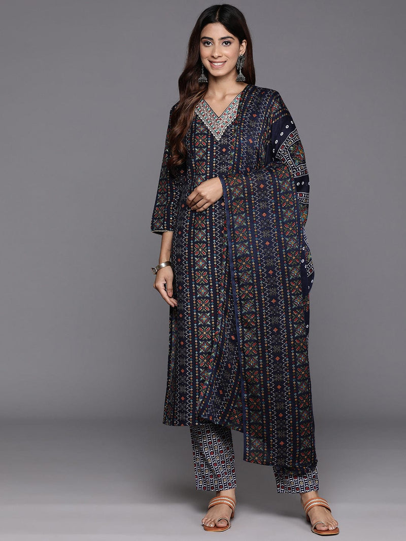 Varanga Women Blue Printed Embroidered Kurta With Bottom And Dupatta