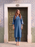 Womens Embroidered Blue Notch-Neck Kurta & Straight Pant Set