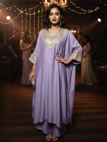 Zari Embroidered Lace Neck Flared Kaftan with Trouser