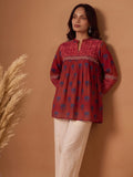 Women Rust Chevron & Lotus Flared Top Pure Cotton Regular Flared Crop A-Line Mandarin Collar