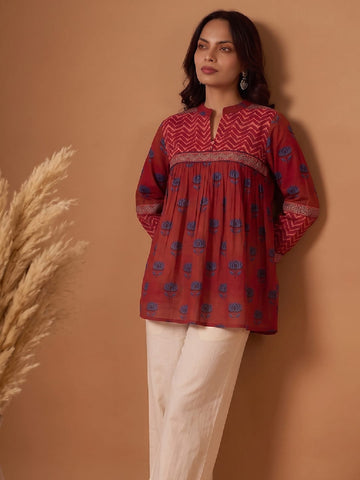 Women Rust Chevron & Lotus Flared Top Pure Cotton Regular Flared Crop A-Line Mandarin Collar