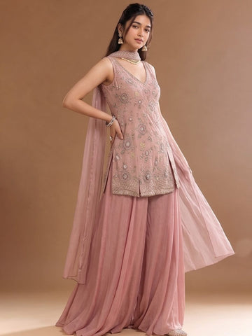 Women's Embroidered Shimmer Short Kurta With Palazzo And Dupatta