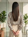 Cream Coloured Slim Collar Long Sleeves Abstract Shirt