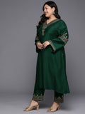 Varanga Women Plus Size Green Embroidered Straight Kurta   Paired With Tonal Embroidered Bottom And With Tonal  Chiffon Dotted Dupatta