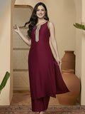 Varanga Women Fuchsia Lace Embellished Sleeveless Straight Kurta Paired With Tonal Plazzo And Dupatta