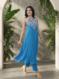 Varanga Women Halter Neck Blue Sleeveless Flared Kurta Paired With Tonal Bottom